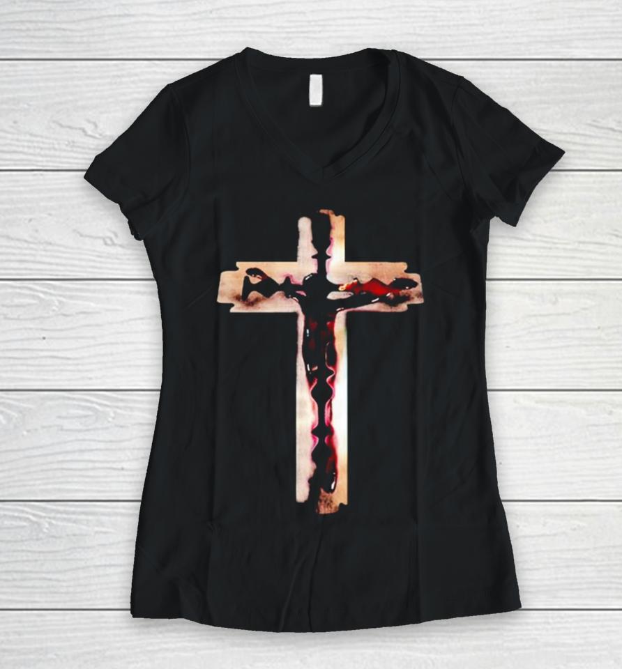 Jesus Cross Razorblade Women V-Neck T-Shirt