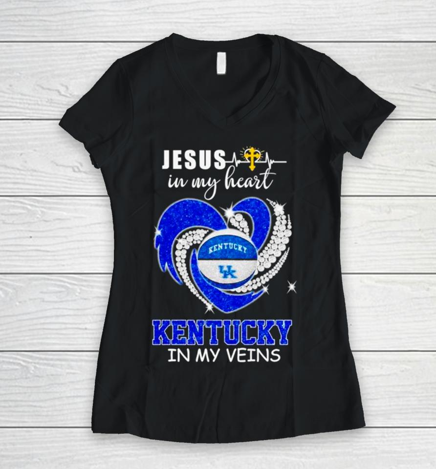 Jesus In My Heart Kentucky In My Veins 2024 Women V-Neck T-Shirt