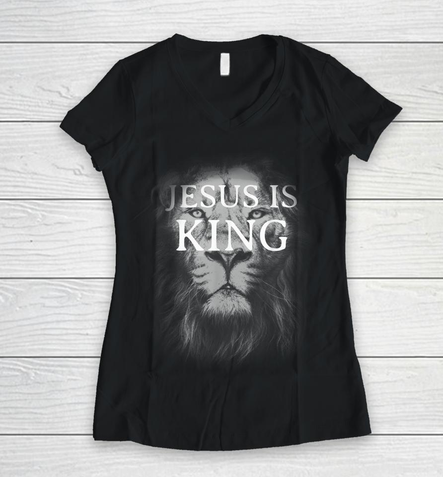 Jesus Is King Lion Christian Women V-Neck T-Shirt
