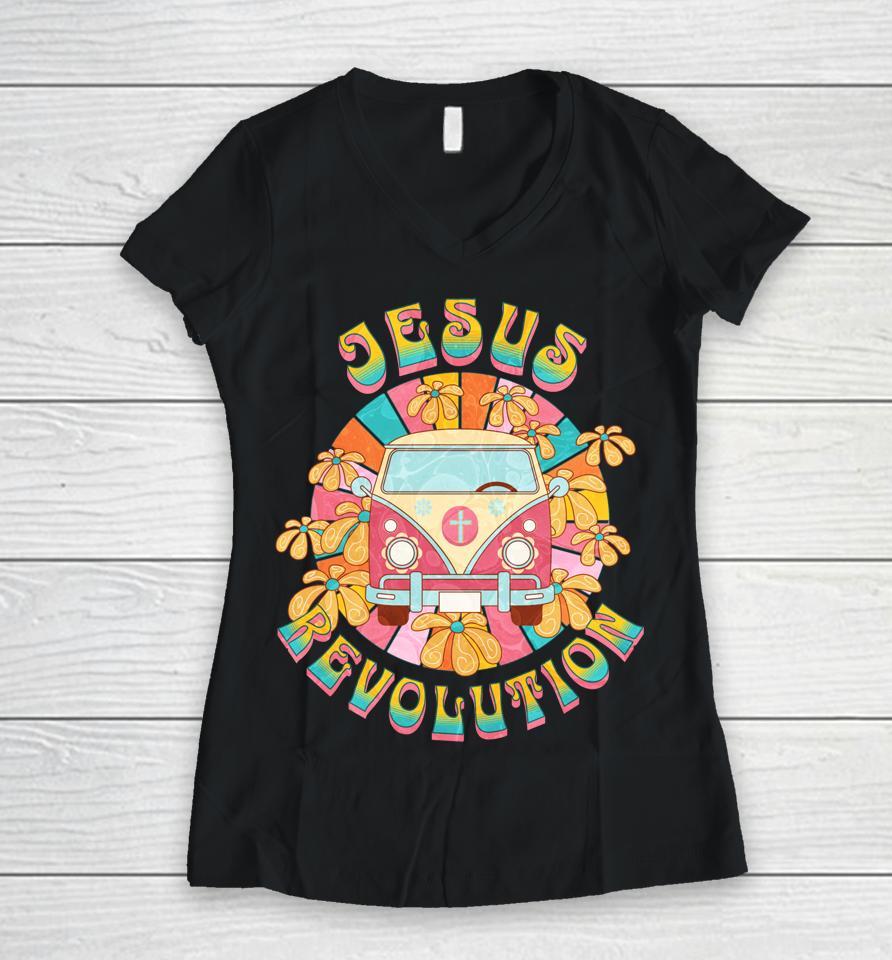 Jesus - Revolution People Retro Van Bus Christian Faith Women V-Neck T-Shirt