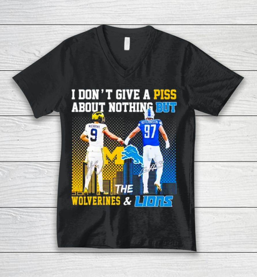 J.j Mccarthy And Aidan Hutchinson I Don’t Give A Piss About Nothing But The Wolverines And Lions Unisex V-Neck T-Shirt