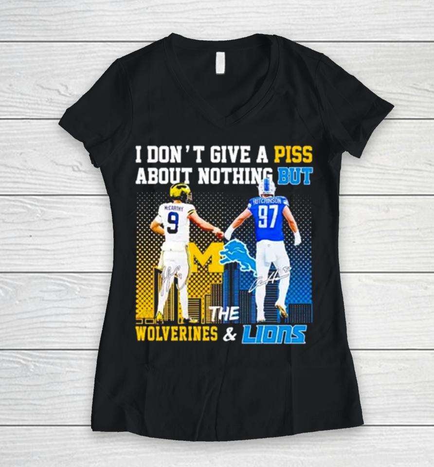 J.j Mccarthy And Aidan Hutchinson I Don’t Give A Piss About Nothing But The Wolverines And Lions Women V-Neck T-Shirt