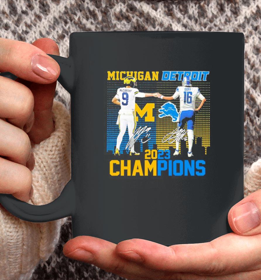 J.j Mccarthy And Jared Goff Michigan Wolverines And Detroit Lions 2023 Champions Signatures Coffee Mug
