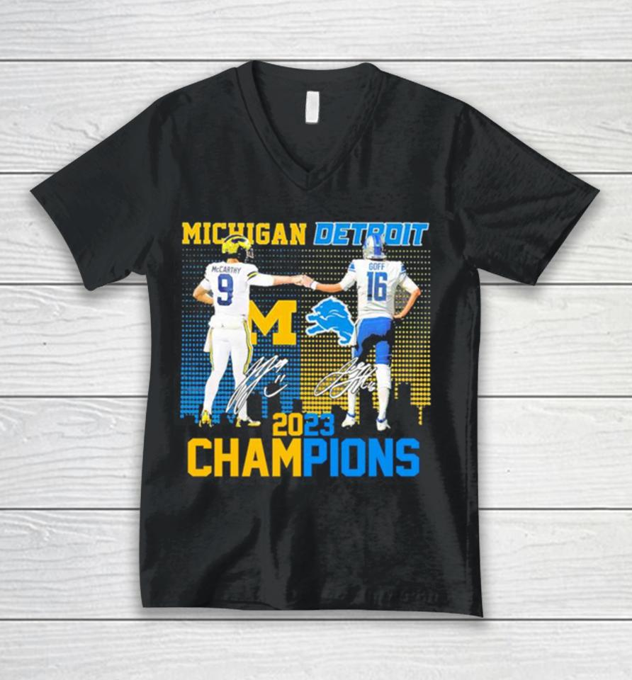 J.j Mccarthy And Jared Goff Michigan Wolverines And Detroit Lions 2023 Champions Signatures Unisex V-Neck T-Shirt