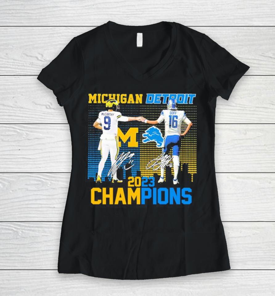 J.j Mccarthy And Jared Goff Michigan Wolverines And Detroit Lions 2023 Champions Signatures Women V-Neck T-Shirt