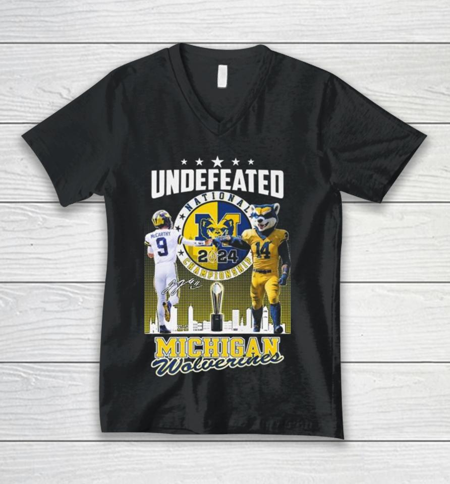 J.j. Mccarthy And Mascot Undefeated National Champions Michigan Wolverines Signature Unisex V-Neck T-Shirt