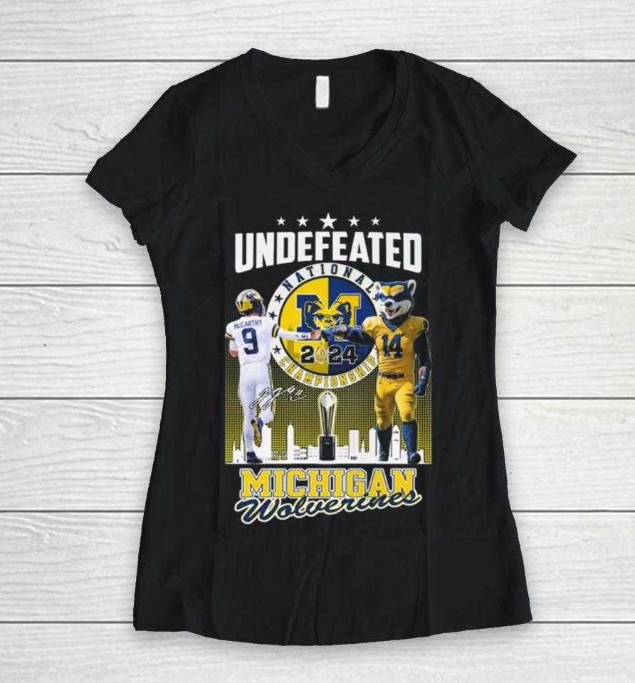 J.j. Mccarthy And Mascot Undefeated National Champions Michigan Wolverines Signature Women V-Neck T-Shirt