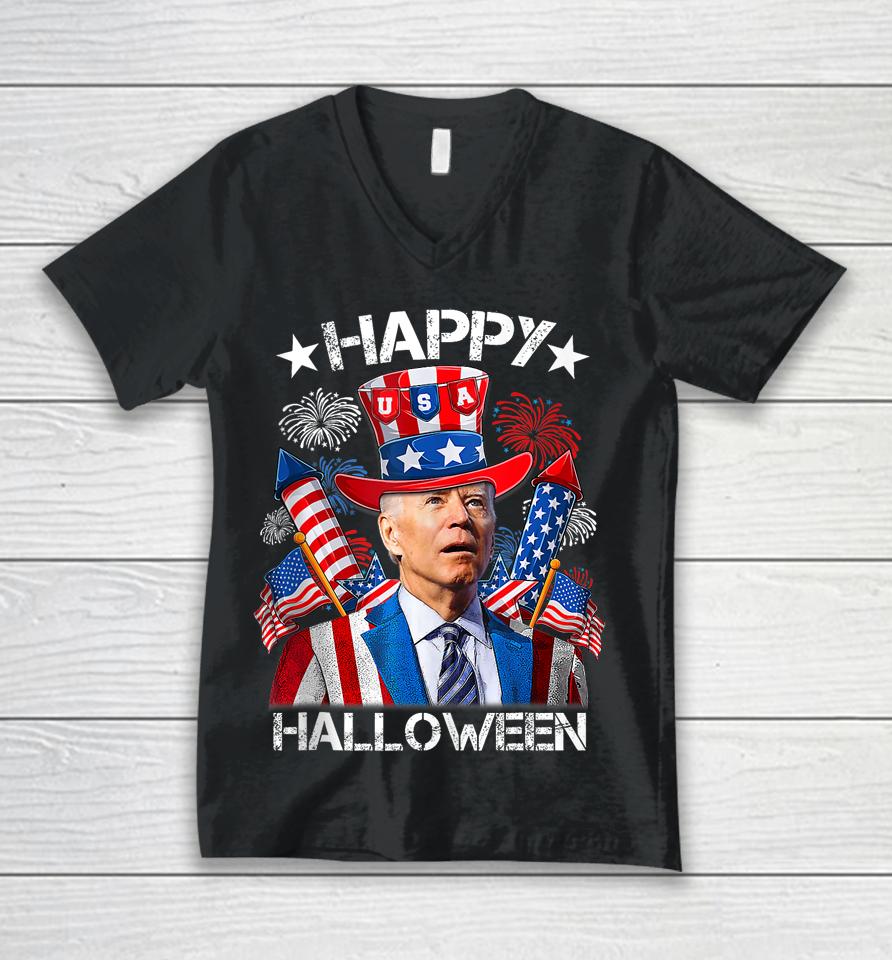 Joe Biden 4Th Of July Shirt Happy Halloween Firework Unisex V-Neck T-Shirt