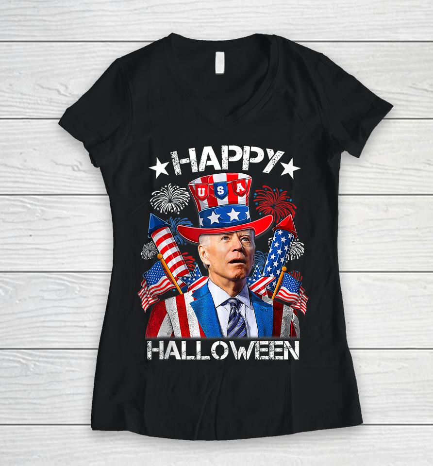 Joe Biden 4Th Of July Shirt Happy Halloween Firework Women V-Neck T-Shirt