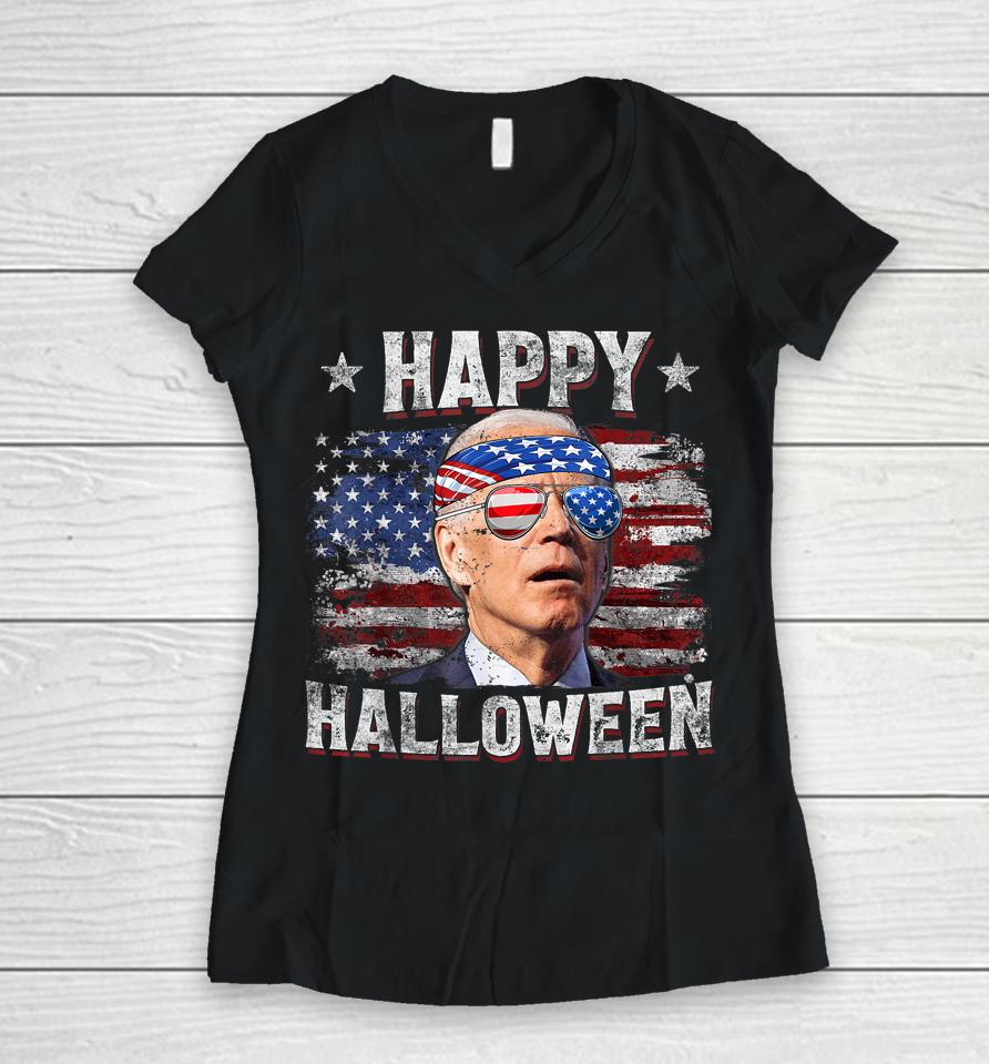 Joe Biden 4Th Of July Shirt Happy Halloween Us American Flag Women V-Neck T-Shirt