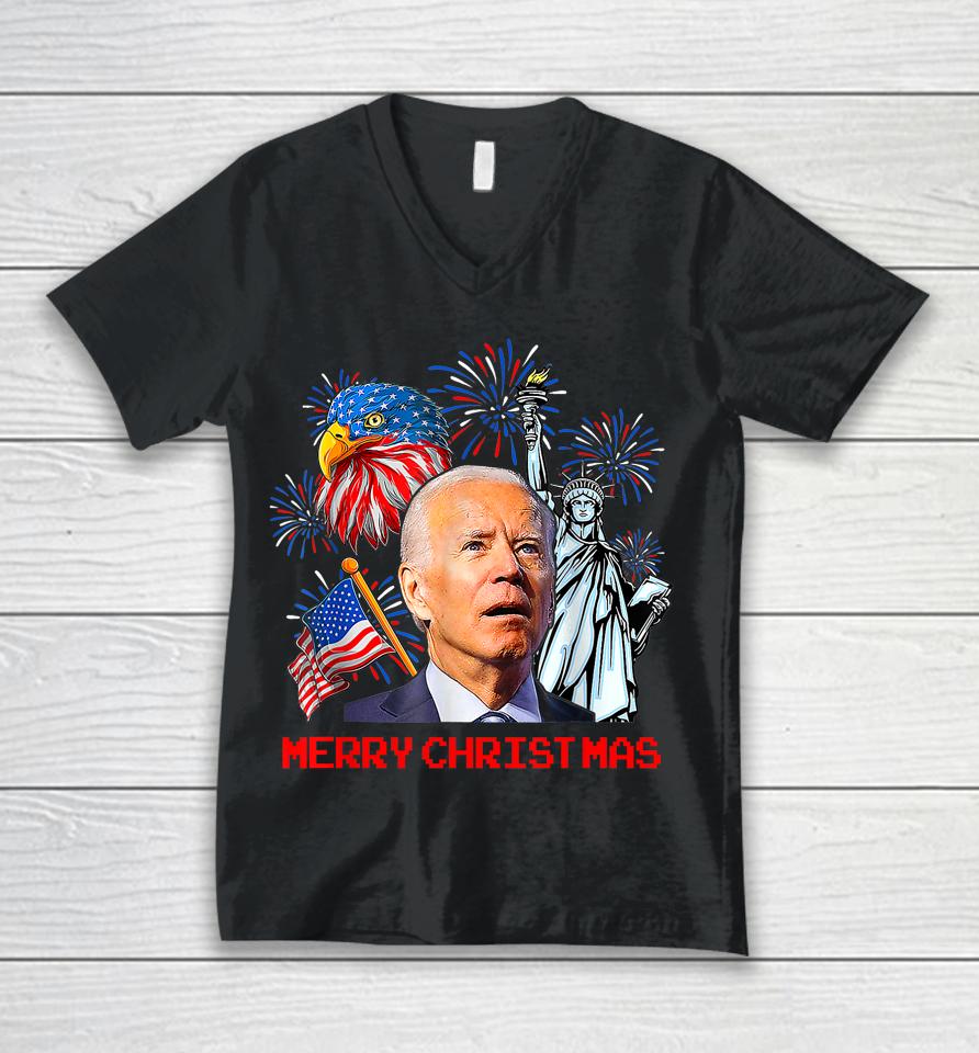 Joe Biden Confused Patriotic Merry Christmas For 4Th Of July Unisex V-Neck T-Shirt
