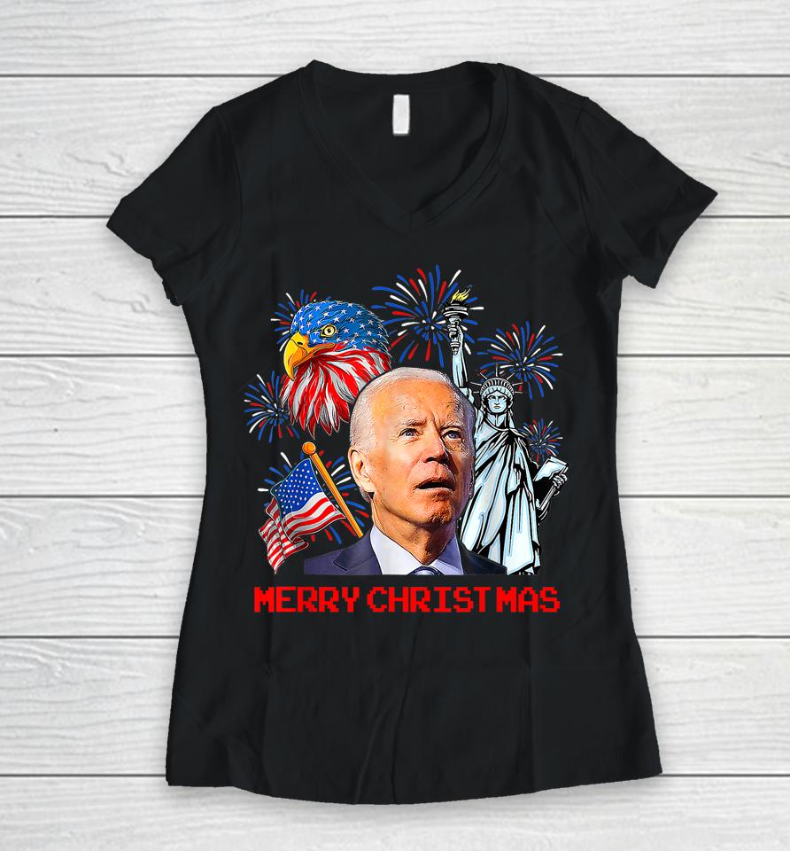 Joe Biden Confused Patriotic Merry Christmas For 4Th Of July Women V-Neck T-Shirt