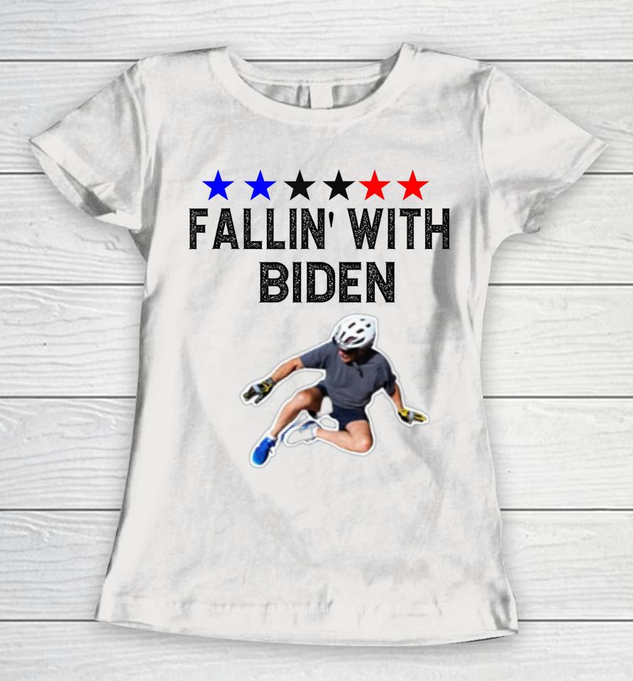 Joe Biden Falling Off Bicycle Biden Bike Meme Funny Women T-Shirt