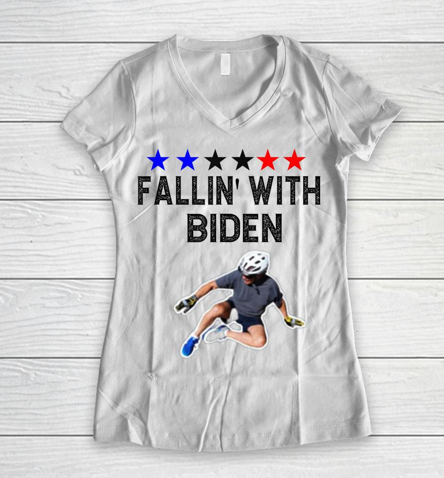 Joe Biden Falling Off Bicycle Biden Bike Meme Funny Women V-Neck T-Shirt