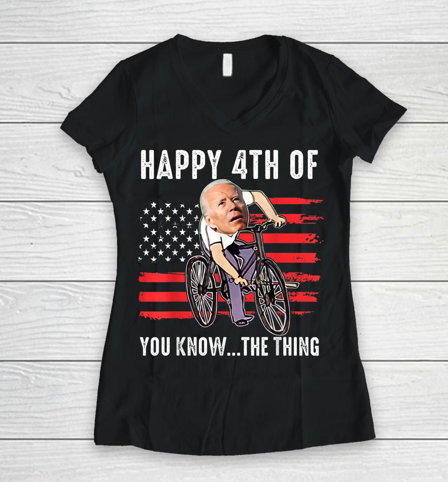 Joe Biden Falling Off His Bicycle Funny 4Th Of July Us Flag Women V-Neck T-Shirt