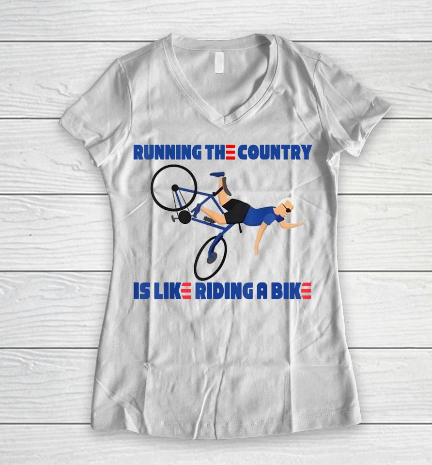 Joe Biden Falling Off His Bicycle Funny Biden Falls Off Bike Women V-Neck T-Shirt