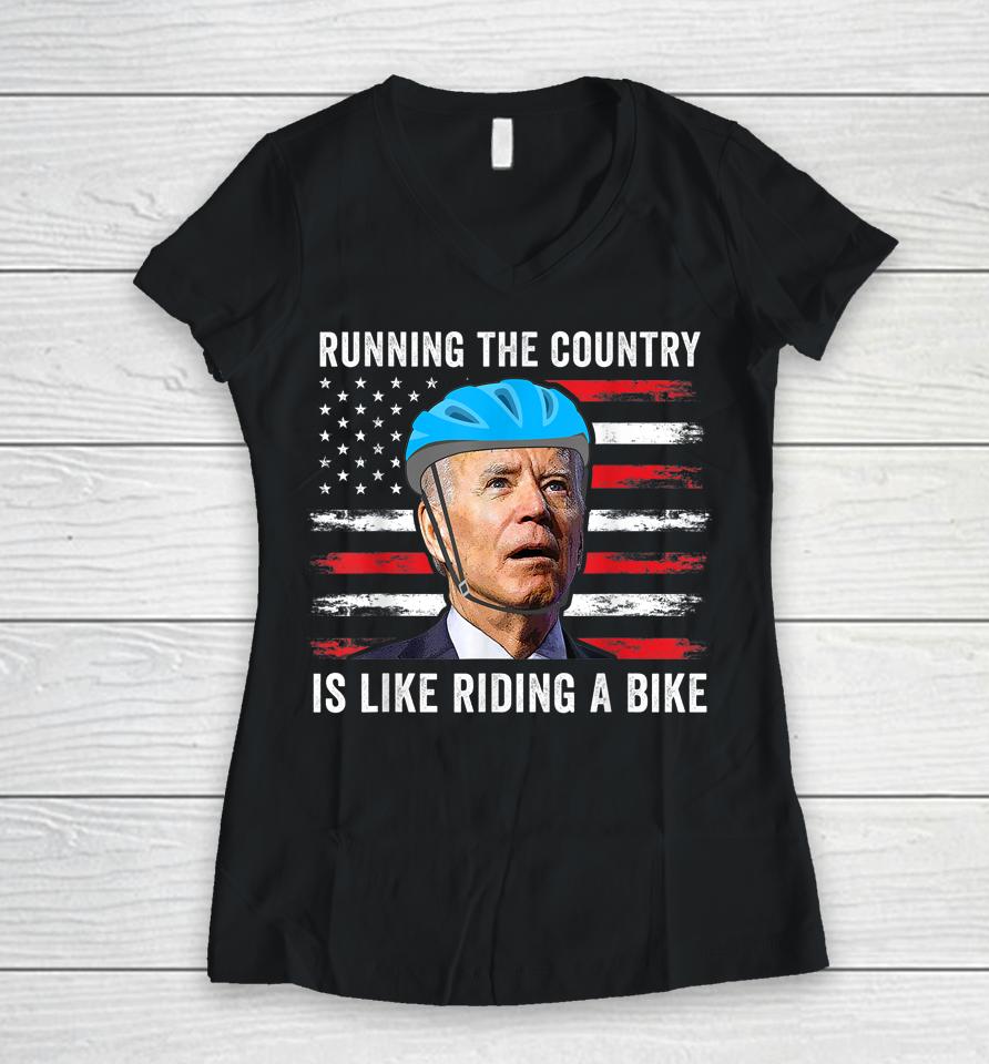 Joe Biden Falling Off His Bicycle Funny Biden Falls Off Bike Women V-Neck T-Shirt