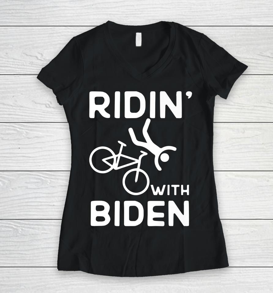 Joe Biden Falling With Biden Funny Ridin With Biden Women V-Neck T-Shirt