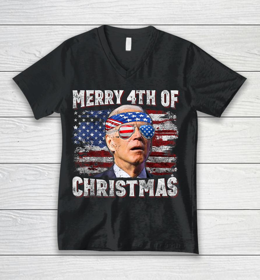 Joe Biden Merry 4Th Of Christmas Funny 4Th Of July Unisex V-Neck T-Shirt