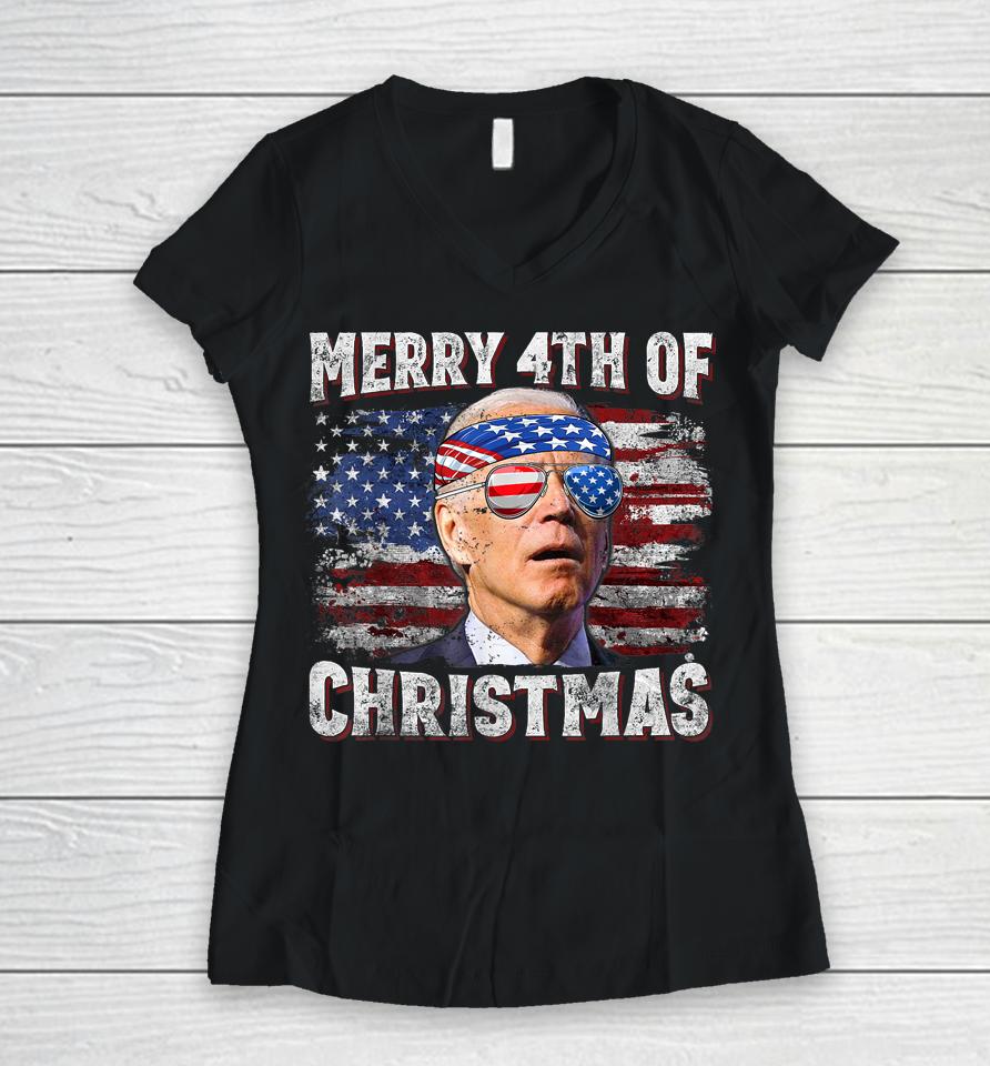 Joe Biden Merry 4Th Of Christmas Funny 4Th Of July Women V-Neck T-Shirt