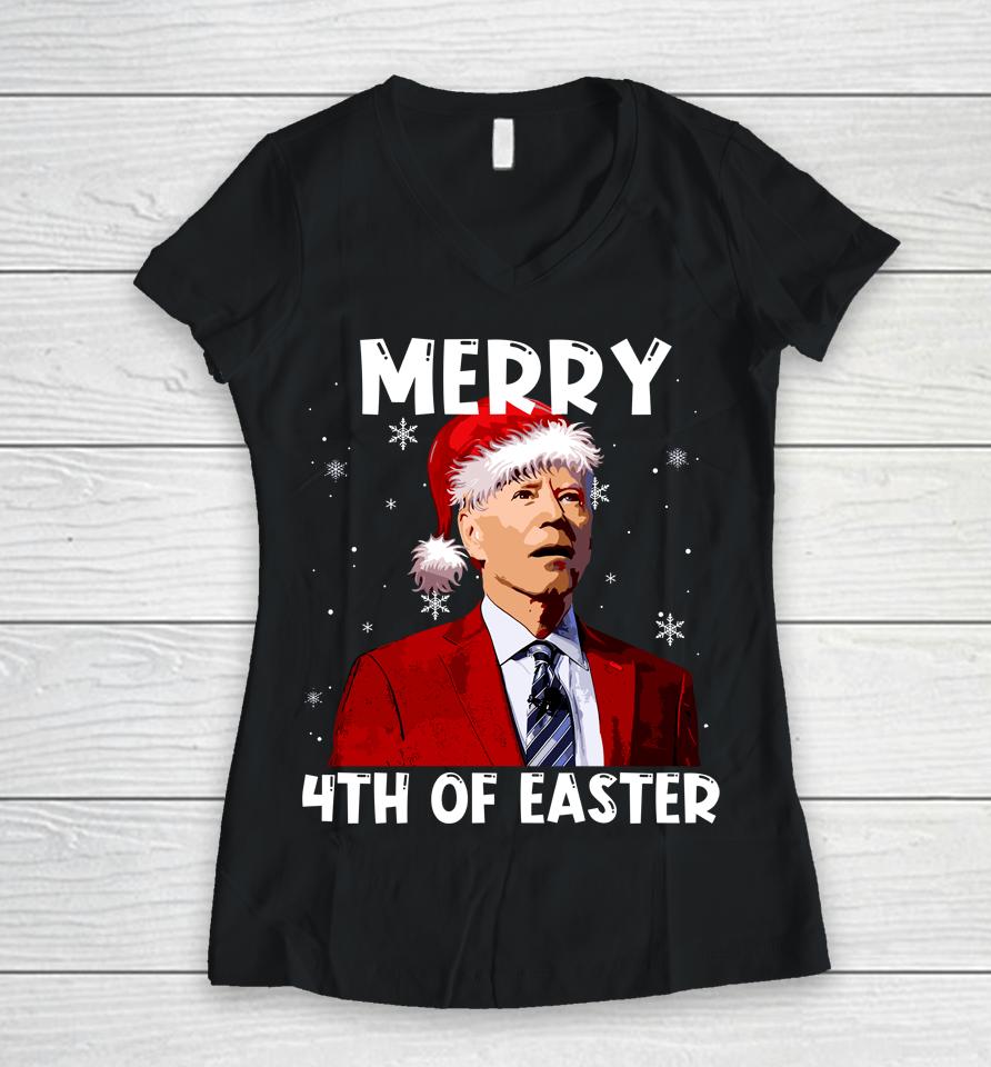 Joe Biden Santa Hat Merry 4Th Of Easter Christmas Funny Women V-Neck T-Shirt