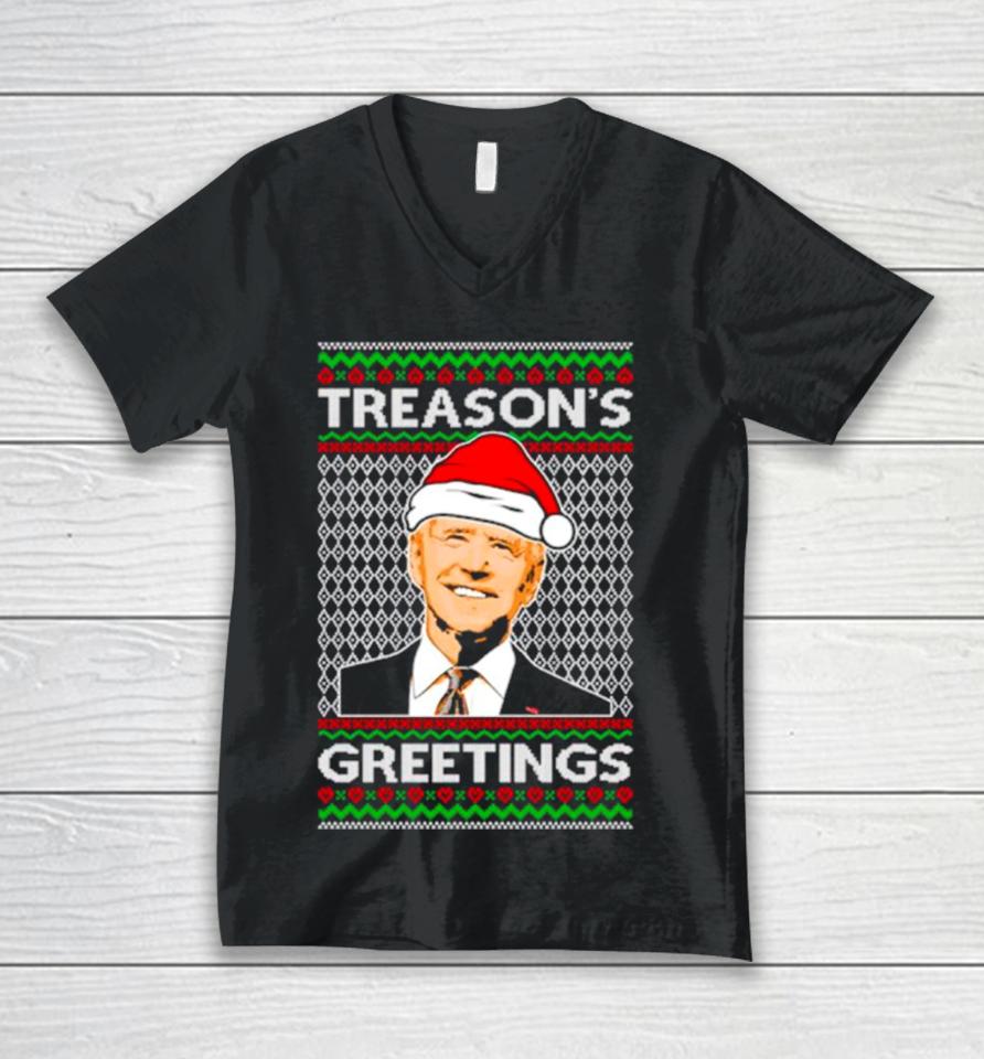 Joe Biden Santa Treason’s Greetings Ugly Christmas Unisex V-Neck T-Shirt