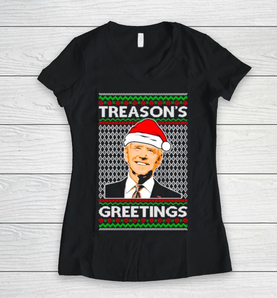 Joe Biden Santa Treason’s Greetings Ugly Christmas Women V-Neck T-Shirt
