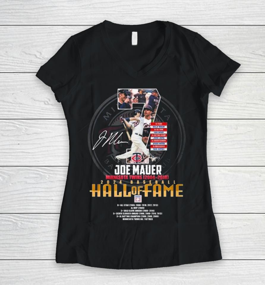 Joe Mauer Minnesota Twins 2004 – 2018 2024 Baseball Hall Of Fame Signature Women V-Neck T-Shirt