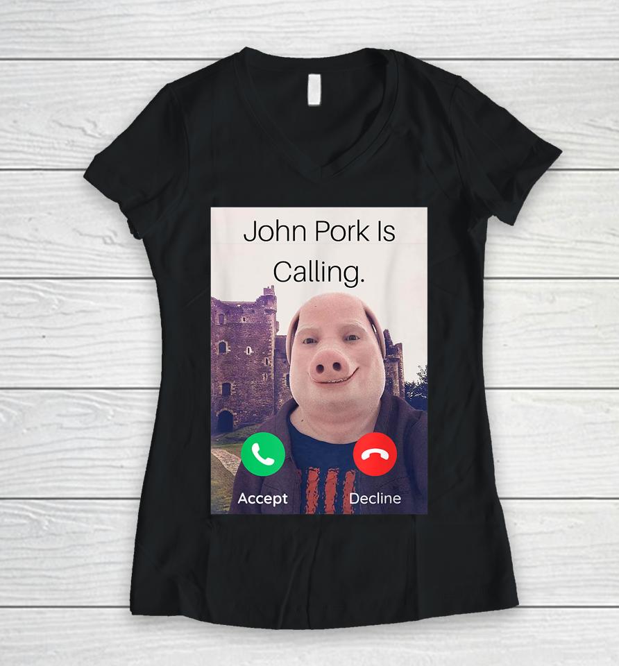 John Pork Is Calling Answer Call Phone Women V-Neck T-Shirt