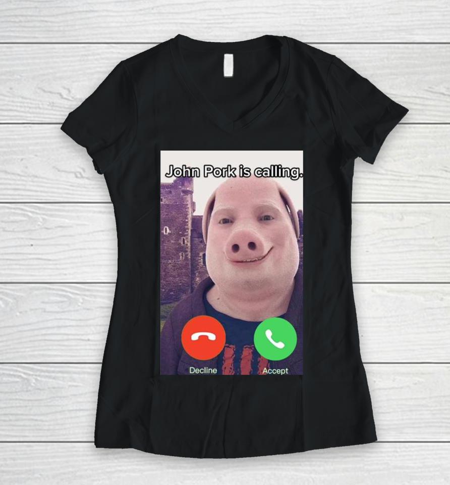 John Pork Is Calling Funny Answer Call Phone Women V-Neck T-Shirt