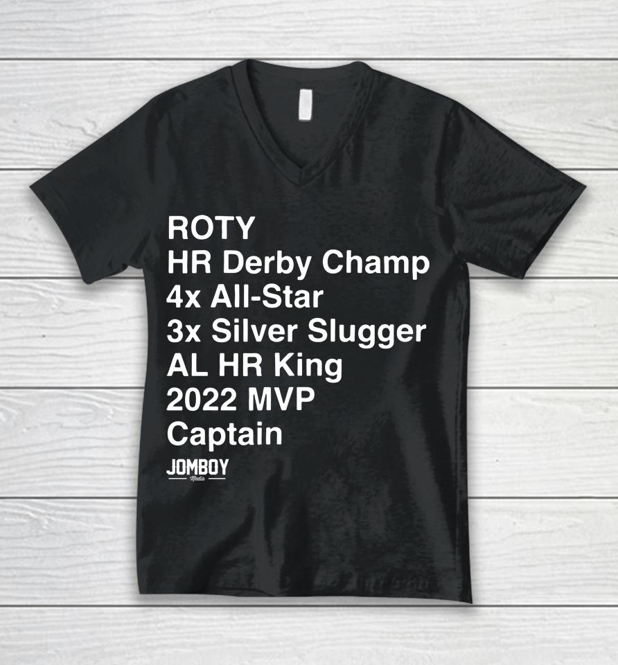 Jomboy Media Merch Aaron Judge Roty Hr Derby Champ 4X All Star 3X Silver Slugger Al Hr King 2022 Mvp Unisex V-Neck T-Shirt