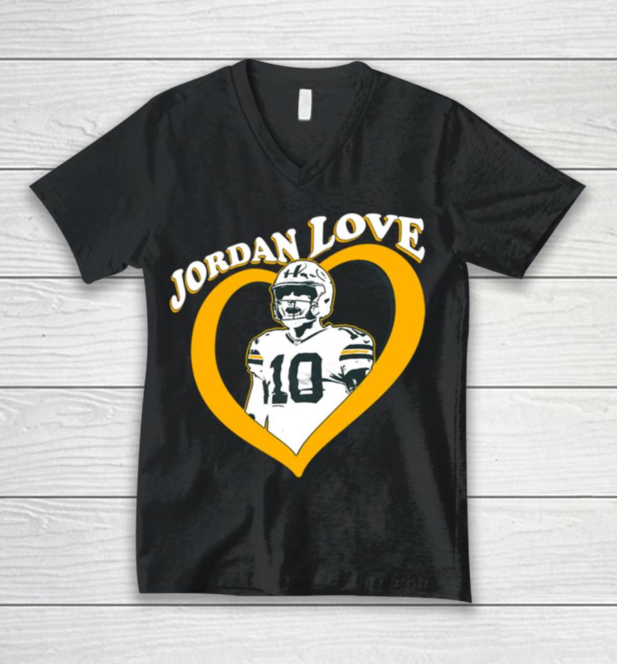 Jordan Love 10 Green Bay Packers Heart Unisex V-Neck T-Shirt