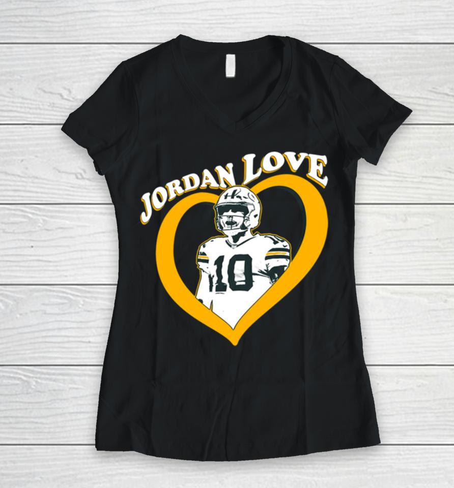 Jordan Love 10 Green Bay Packers Heart Women V-Neck T-Shirt