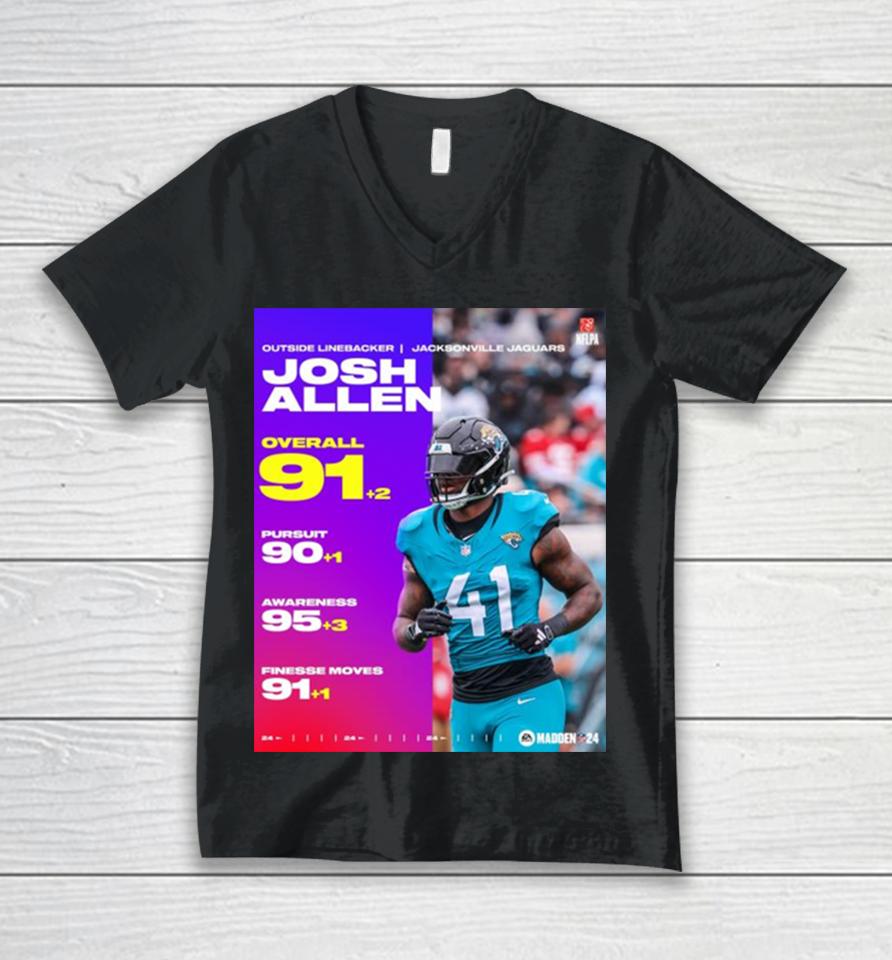 Josh Allen Jacksonville Jaguars 91+2 Overall 90+1 Pursuit 95+3 Awareness 91+1 Finesse Moves Unisex V-Neck T-Shirt