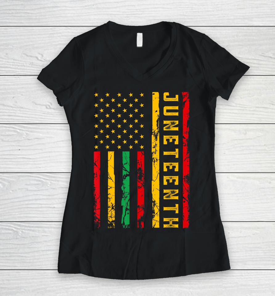 Juneteenth American Flag African Women V-Neck T-Shirt