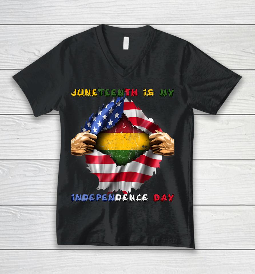 Juneteenth Is My Independence Day African American Flag Unisex V-Neck T-Shirt
