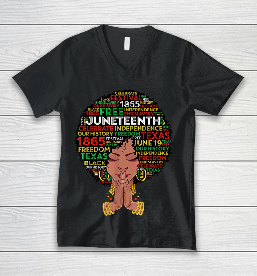 Juneteenth Melanin Black Women Girl Natural Hair Afro Queen Unisex V-Neck T-Shirt