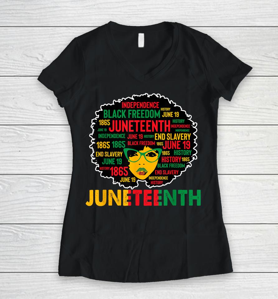 Juneteenth Women Queen African American Black Afro Women V-Neck T-Shirt