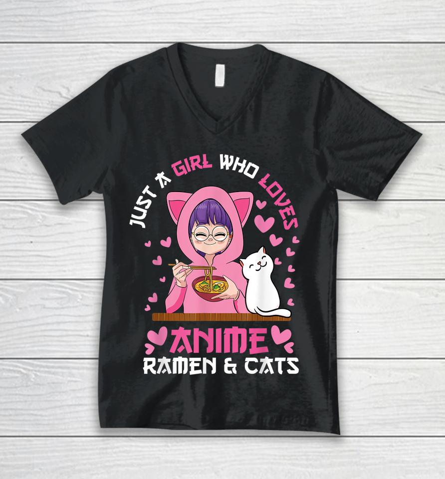 Just A Girl Who Loves Anime Ramen And Cats Kawaii Japanese Unisex V-Neck T-Shirt