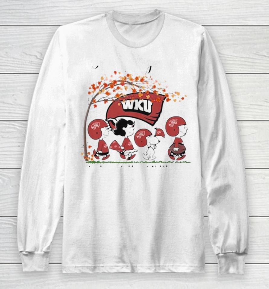 Just A Woman Who Loves Fall And Western Kentucky Hilltoppers Peanuts Cartoon Long Sleeve T-Shirt
