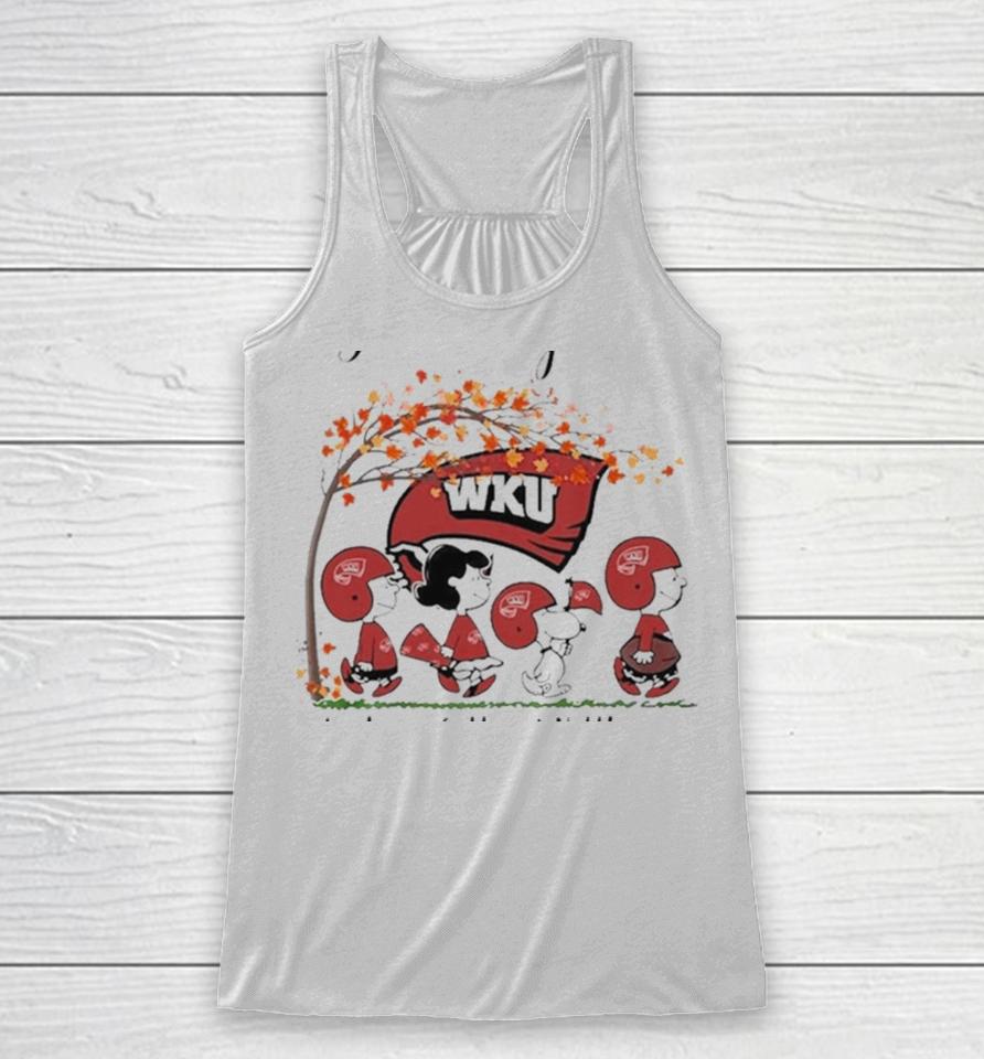 Just A Woman Who Loves Fall And Western Kentucky Hilltoppers Peanuts Cartoon Racerback Tank