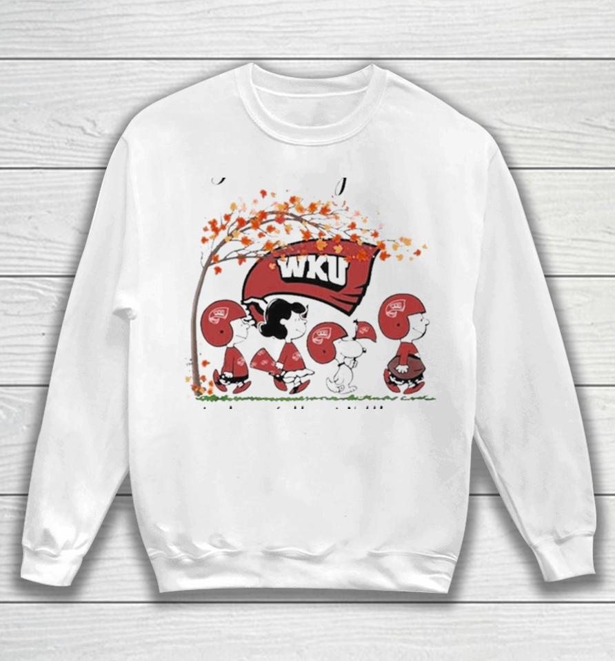 Just A Woman Who Loves Fall And Western Kentucky Hilltoppers Peanuts Cartoon Sweatshirt