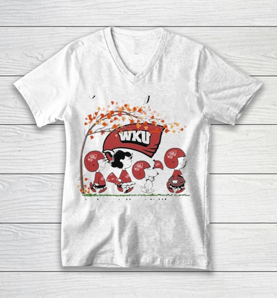 Just A Woman Who Loves Fall And Western Kentucky Hilltoppers Peanuts Cartoon Unisex V-Neck T-Shirt