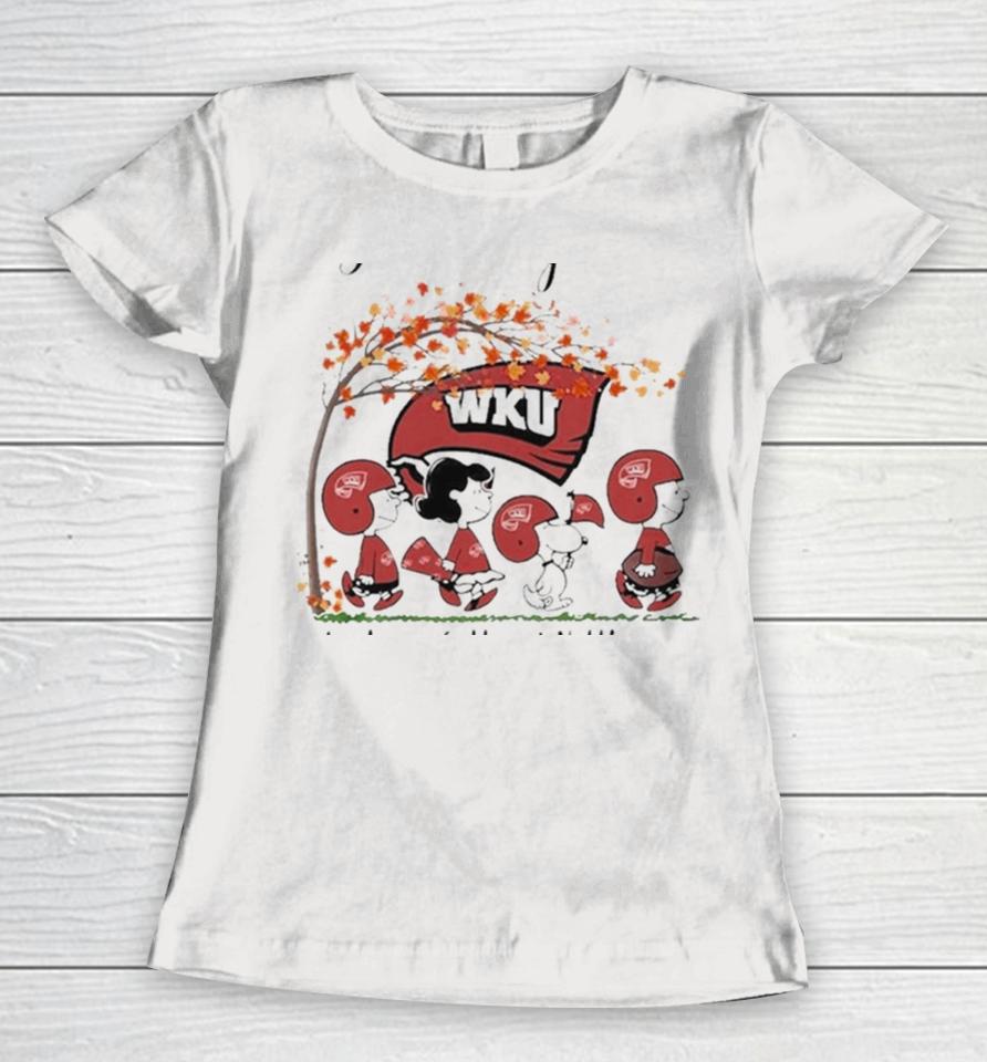 Just A Woman Who Loves Fall And Western Kentucky Hilltoppers Peanuts Cartoon Women T-Shirt