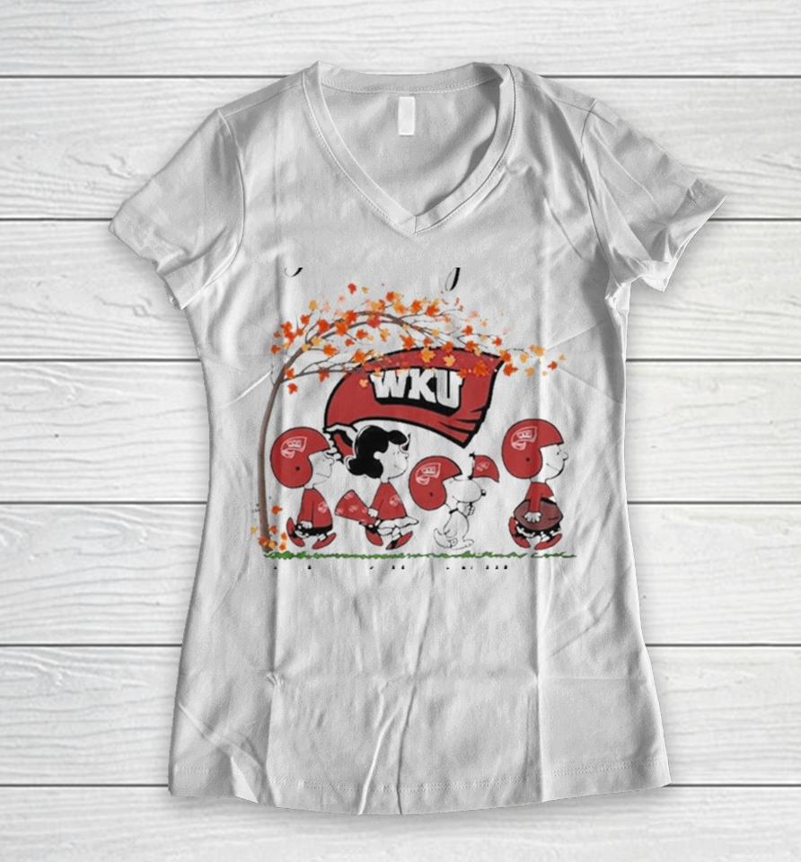 Just A Woman Who Loves Fall And Western Kentucky Hilltoppers Peanuts Cartoon Women V-Neck T-Shirt