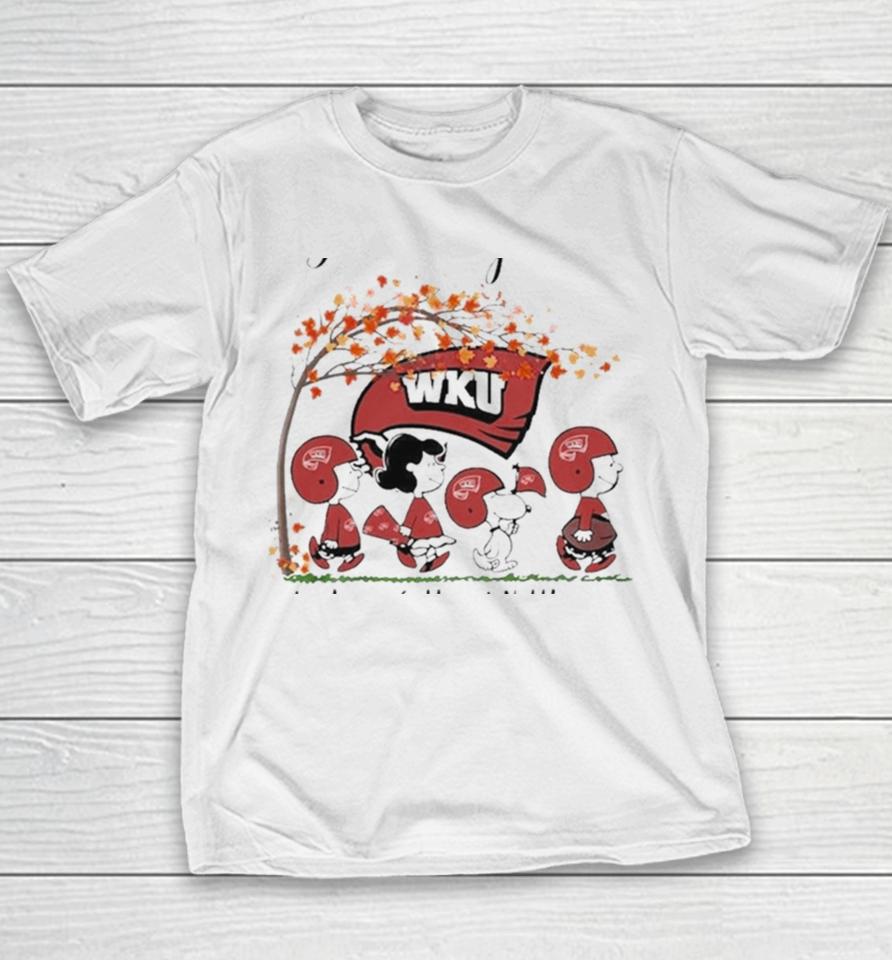 Just A Woman Who Loves Fall And Western Kentucky Hilltoppers Peanuts Cartoon Youth T-Shirt