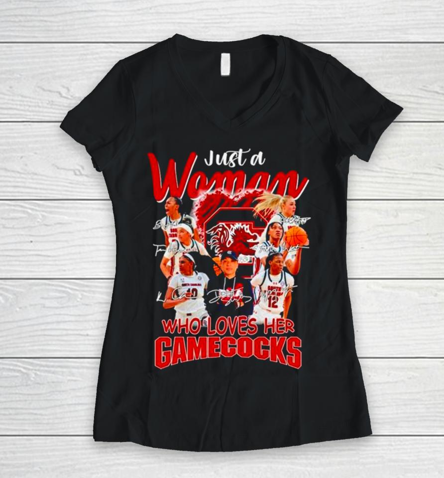 Just A Woman Who Loves Her Gamecocks Signatures Women V-Neck T-Shirt