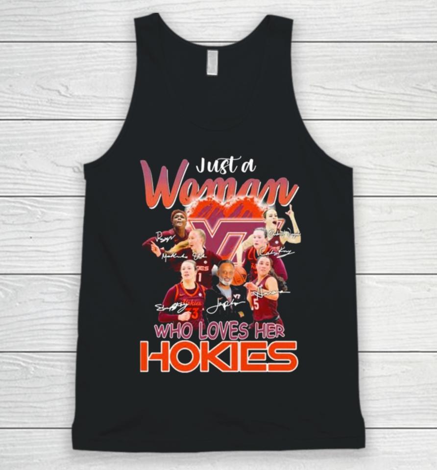 Just A Woman Who Loves Her Virginia Tech Hokies Women’s Basketball Signatures Unisex Tank Top