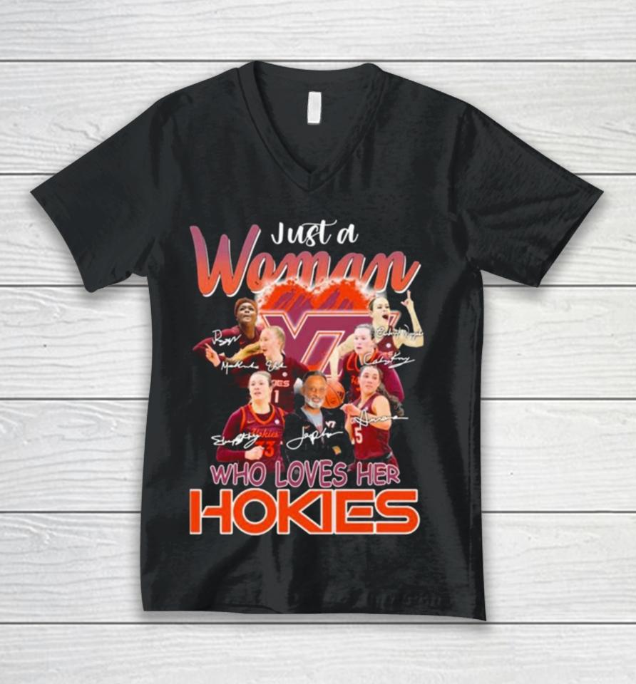 Just A Woman Who Loves Her Virginia Tech Hokies Women’s Basketball Signatures Unisex V-Neck T-Shirt