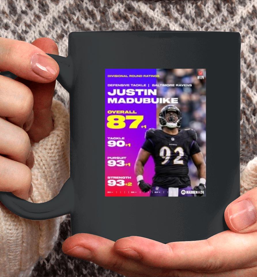 Justin Madubuike Ravens Divisional Round Ratings 87+1 Overall 90+1 Tackele 93+1 Pursuit 93+2 Strength Coffee Mug